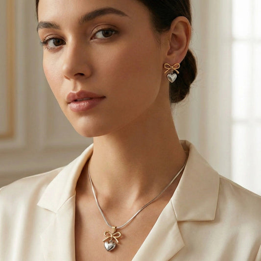Golden Bow & Silver Heart Charm  Necklace & Earrings Set
