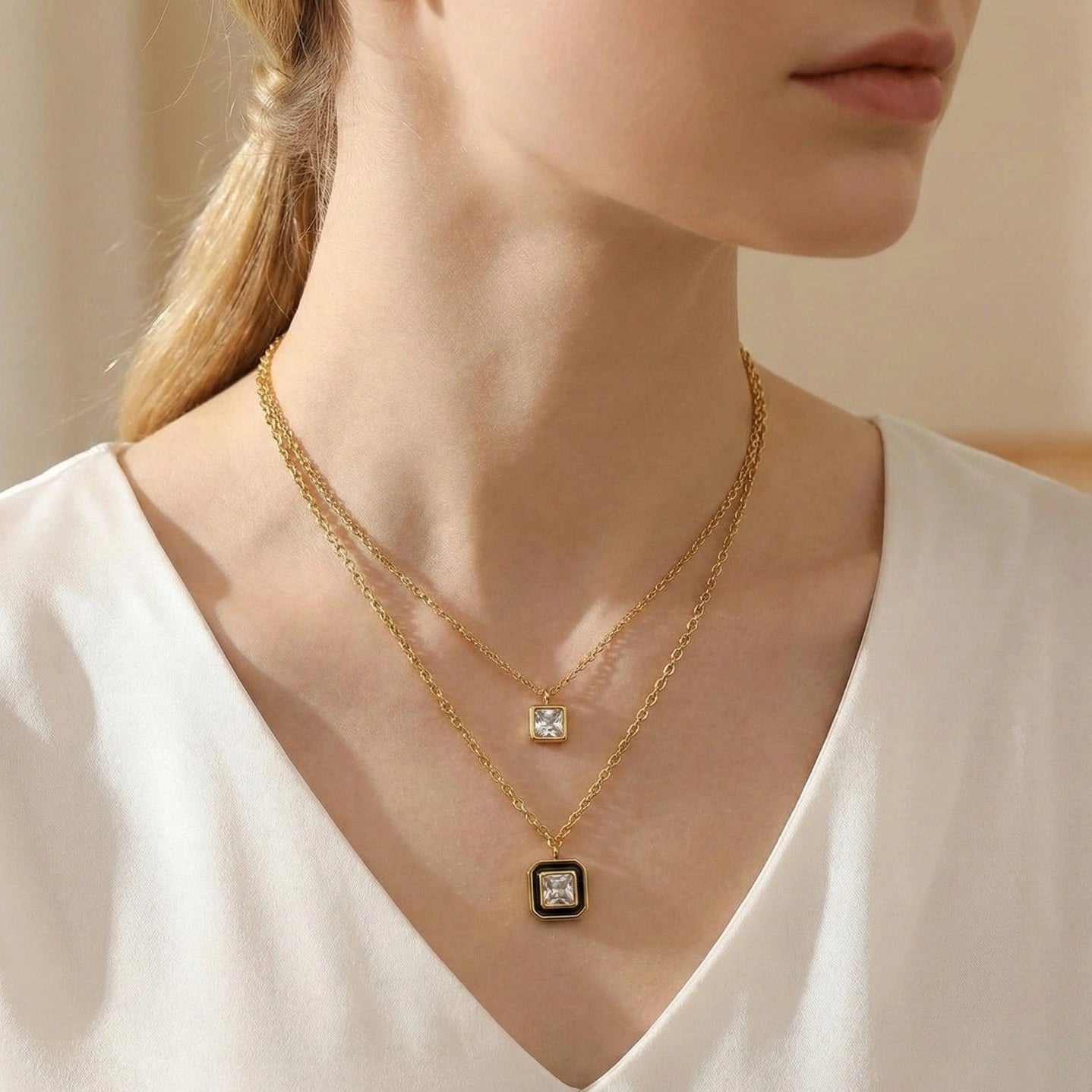Square Gemstone Gold Necklace