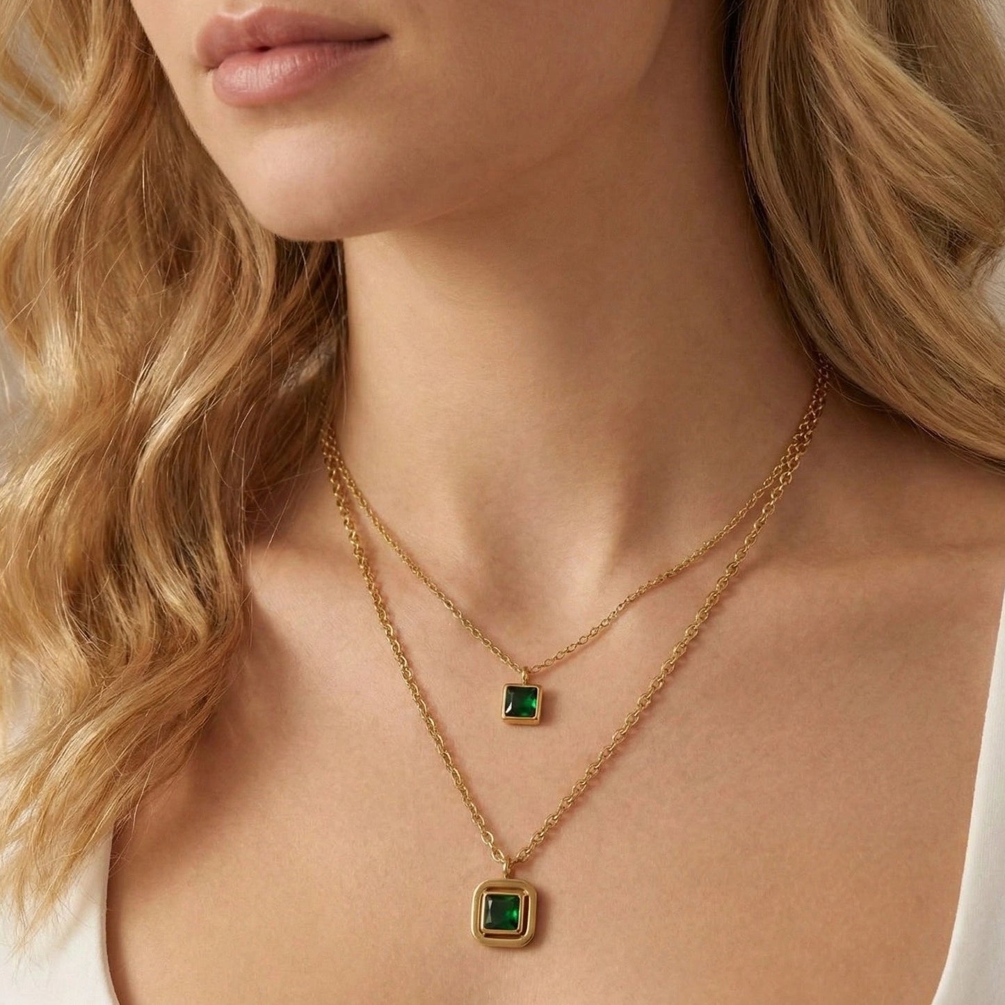 Square Gemstone Gold Necklace