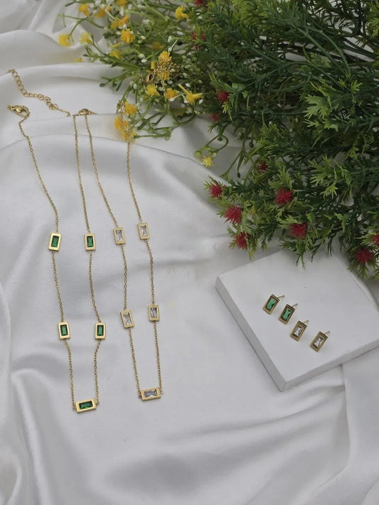 Emerald & Diamond Rectangular Necklace & Earrings Set