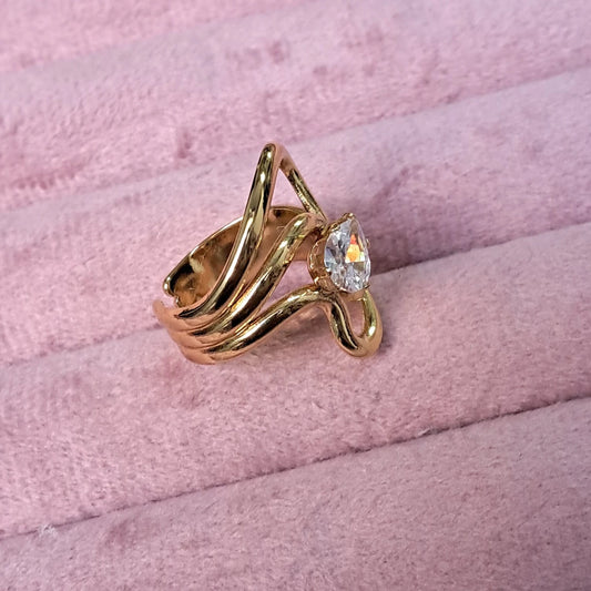 Abstract Wave Crystal Gold Ring