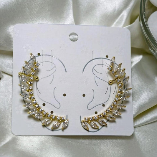 Golden Leaf Crystal Ear Cuff Earrings