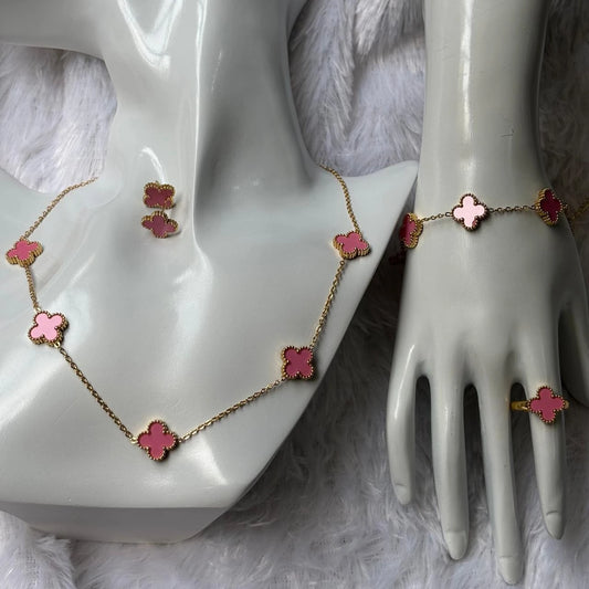 Blush Petal Clover Gold Necklace & Earring Set
