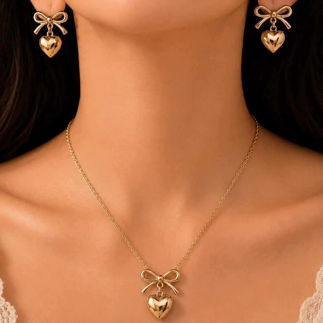 Golden Bow Heart Necklace & Earring Set