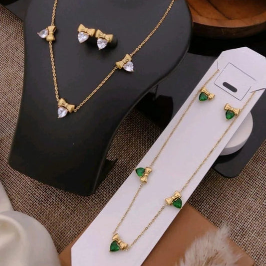 Emerald Bow Heart Elegance Necklace & Earrings Set