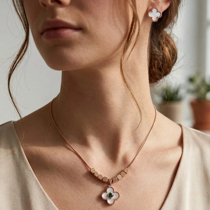 Celeste Clover Rose Gold Necklace & Stud Earring Set