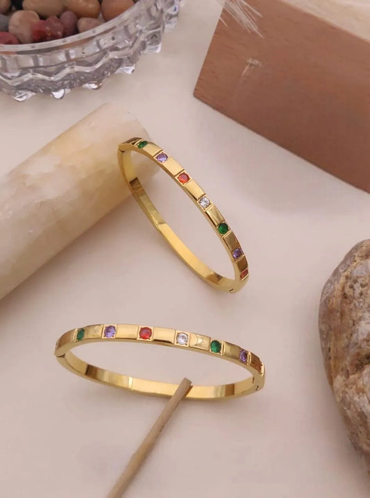 Multi-Color Stone Inlay Gold Kada