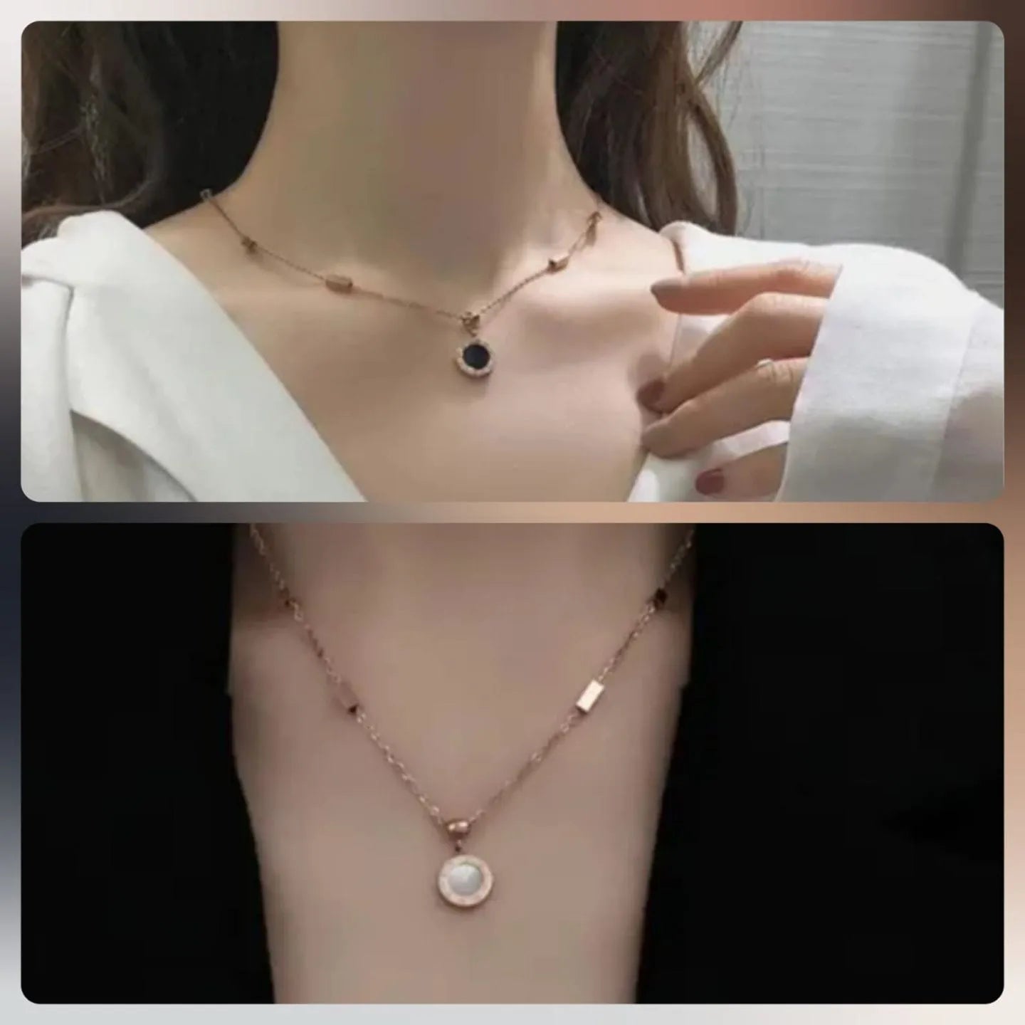 Dual Pendant Necklace (Black & Pearl)
