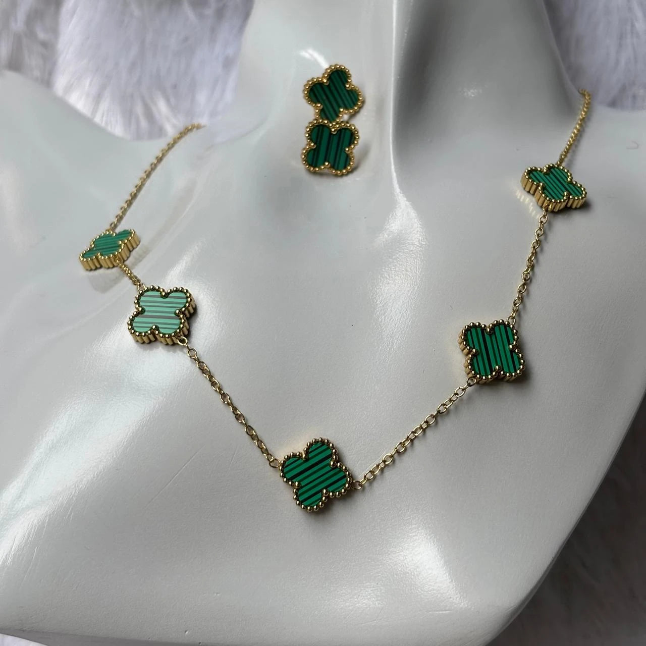Emerald Harmony Clover Gold Necklace & Earring Set