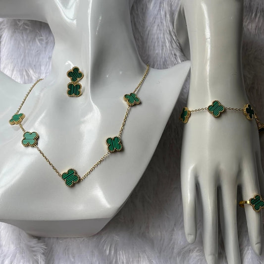 Emerald Harmony Clover Gold Necklace & Earring Set
