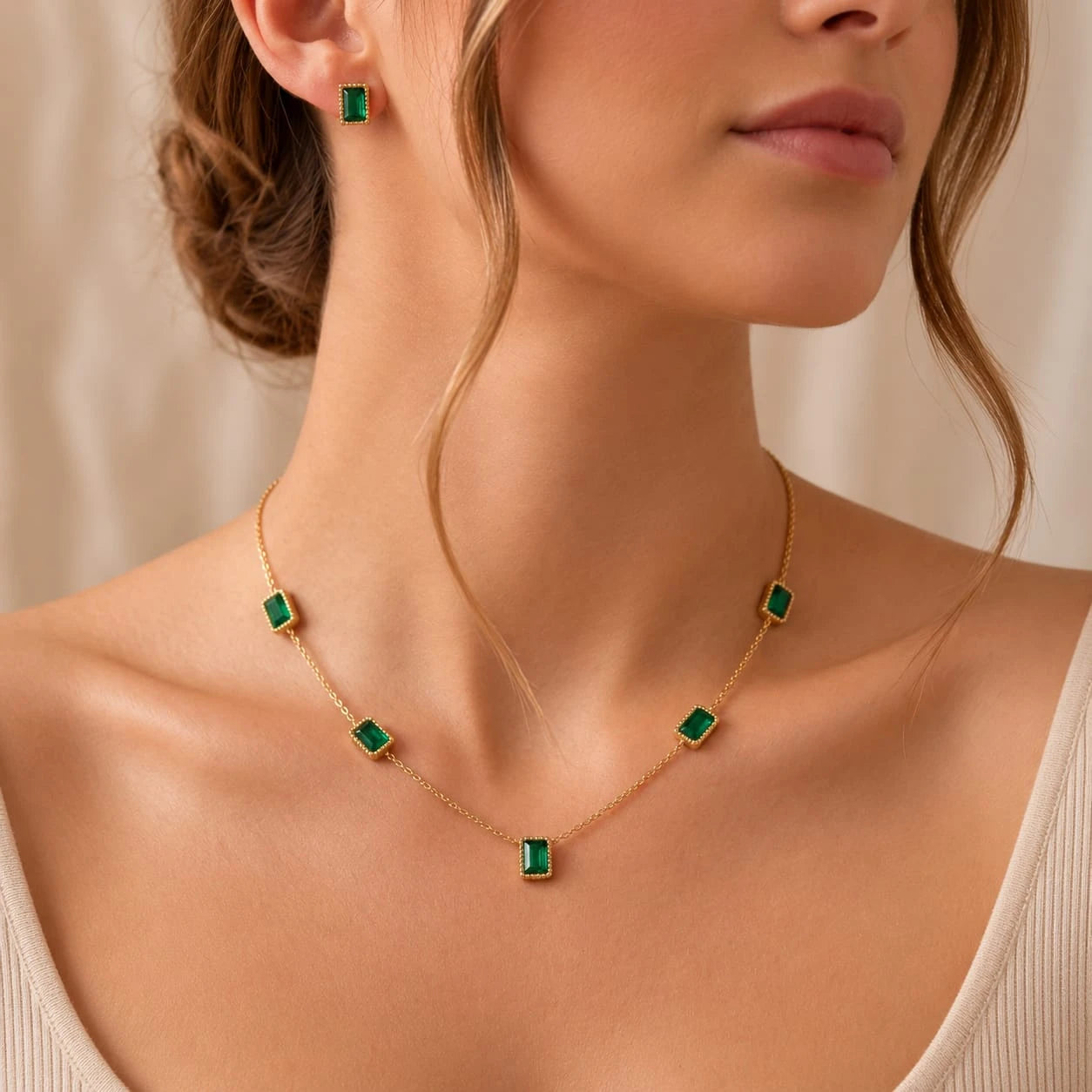 Emerald Grace Gemstone Necklace & Stud Earring Set