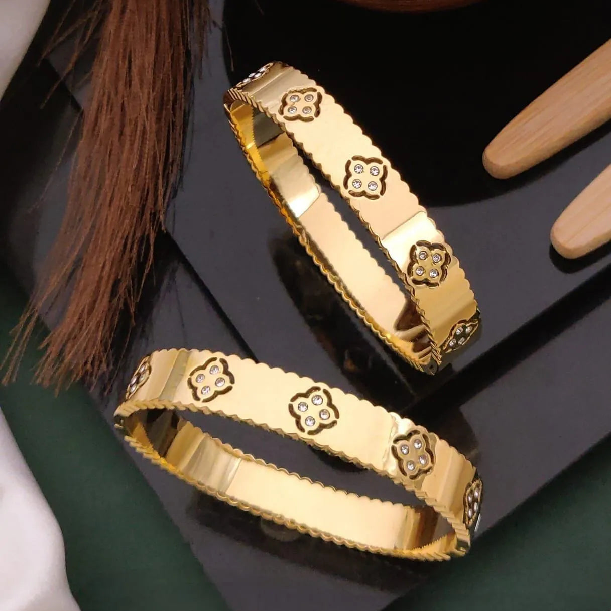 Floral Crystal Engraved Gold Kada