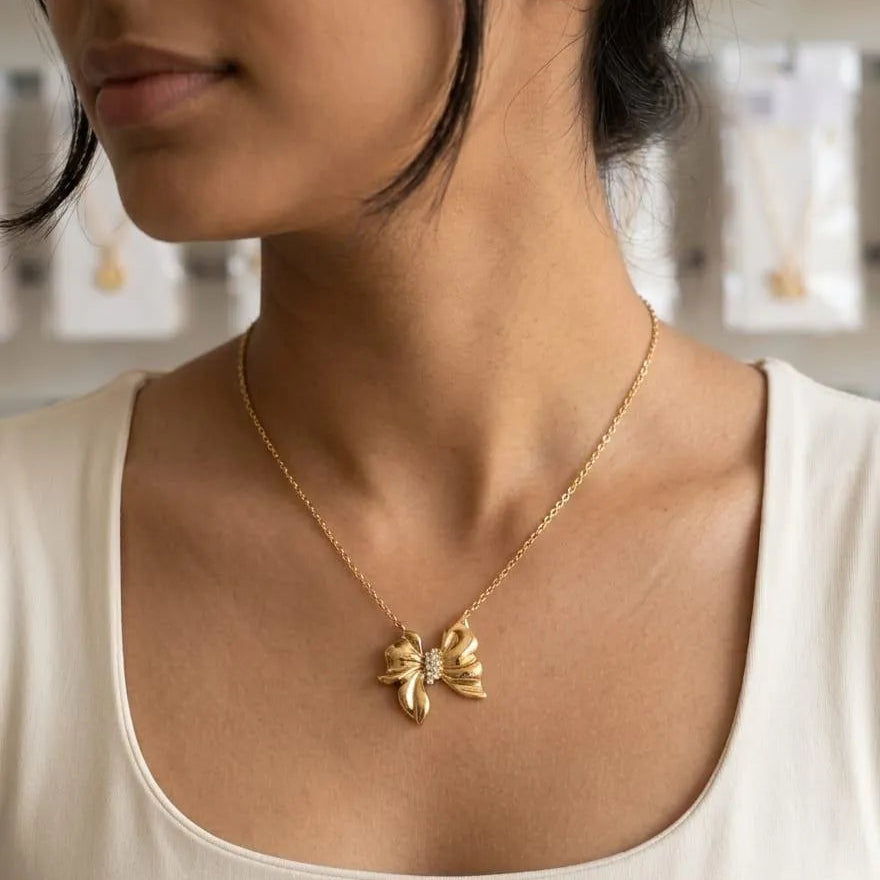 Golden Bow Charm Necklace