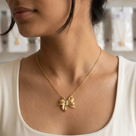 Golden Bow Charm Necklace