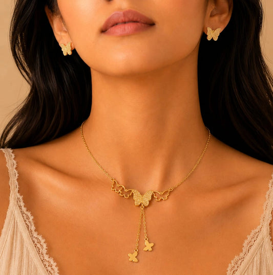 Golden Butterfly Cascade Necklace & Earring Set