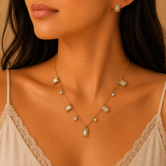 Golden Geometric Crystal Necklace & Earring Set