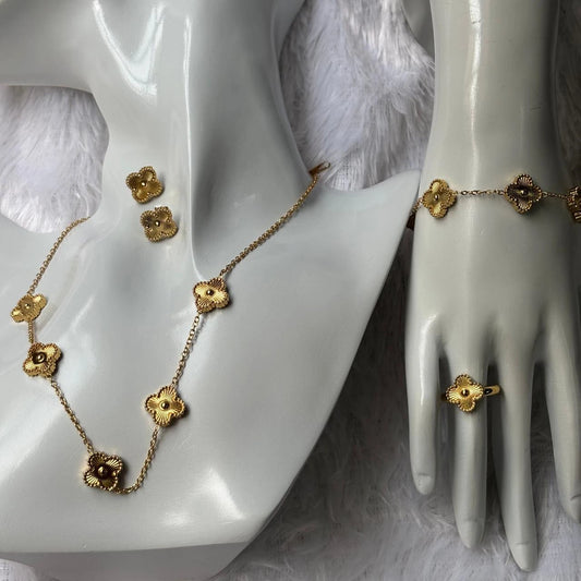 Golden Blossom Clover Gold Necklace & Earring Set