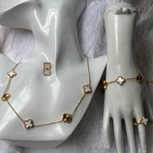 Ivory Aura Clover Gold Necklace & Earring Set