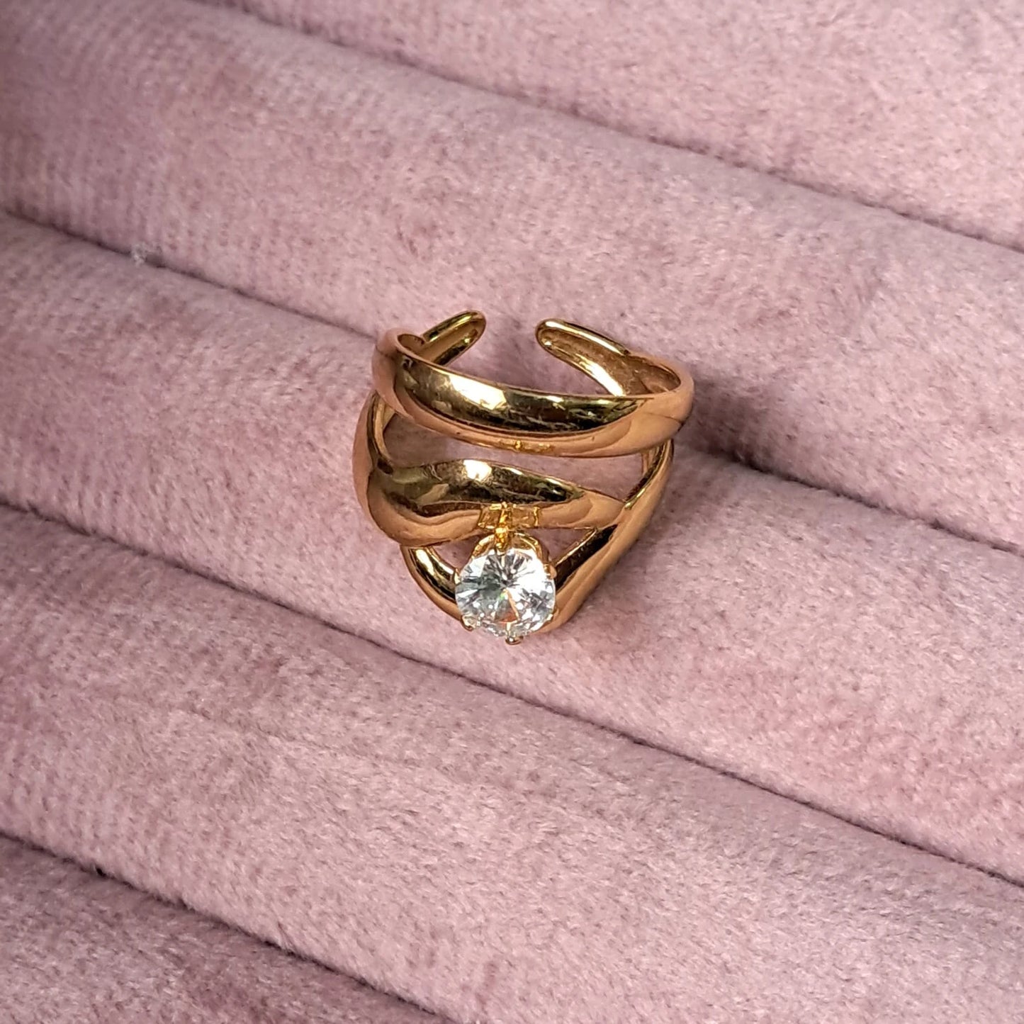 Layered Wave Crystal Gold Ring
