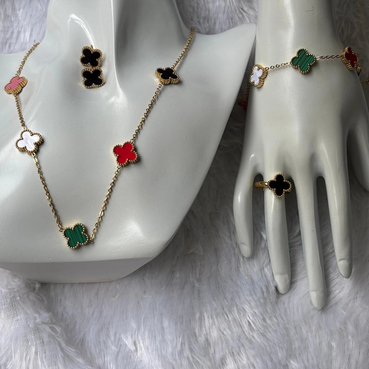 Aurora Multicolor Clover Gold Necklace & Earring Set