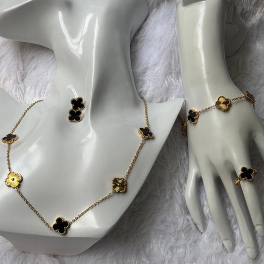 Noir Radiance Clover Gold Necklace & Earring Set