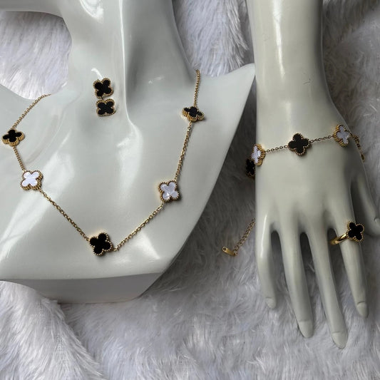 Midnight Onyx Clover Gold Necklace & Earring Set