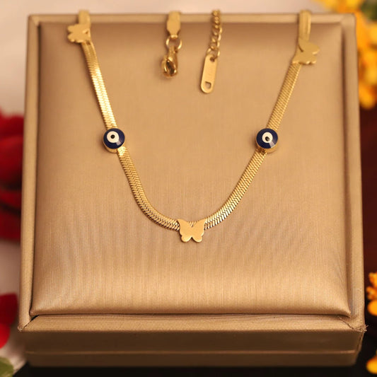 Gold Butterfly & Evil Eye Charm Chain Tanmaniya Necklace