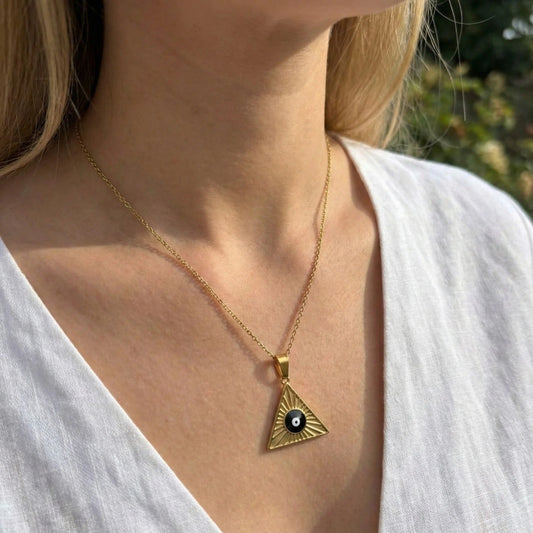 Gold-Plated Triangle Pendant Necklace with Yin-Yang Symbol