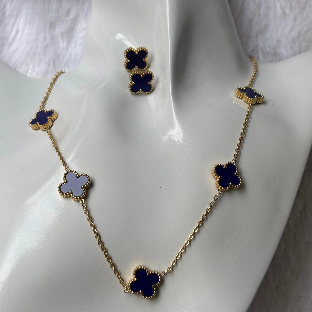 Celestial Blue Clover Gold Necklace & Earring Set