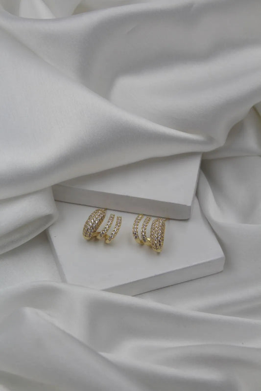 Triple Row Crystal Gold Earrings
