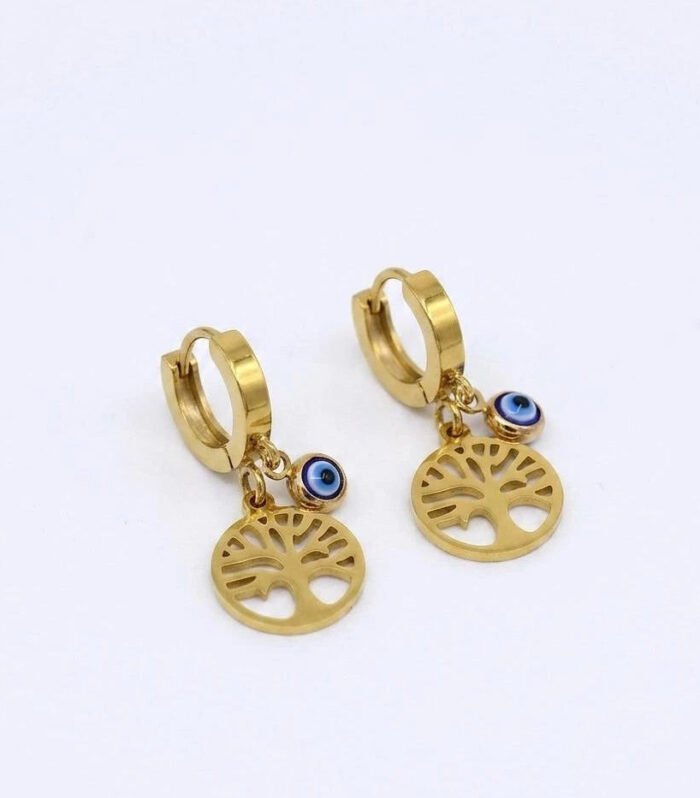 Evil Eye Tree Charm Hoop Earrings
