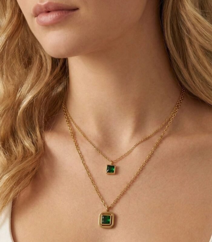 Square Gemstone Gold Necklace