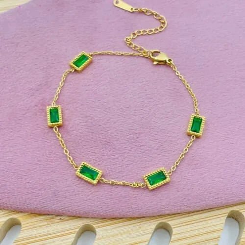 Emerald Glow Rectangular Charm Bracelet